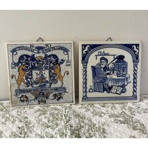DELFT HOLLAND Vintage Pharmaceutical Ceramic Blue/White Tiles: Lot Of Two